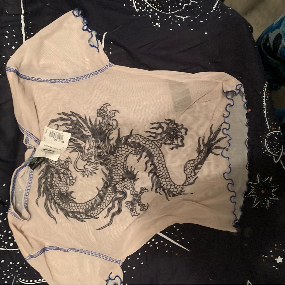 Sheer Top with Dragon Design and Blue Edging